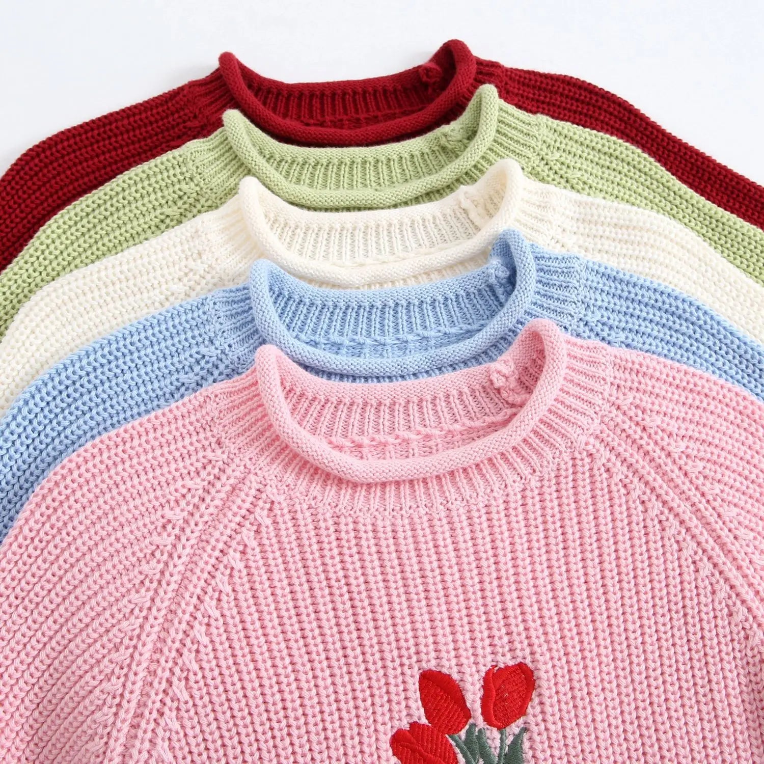 Girl Cotton Knit Pullover Embroidered Tulip Flower Sweater 2026 Spring Autumn 0-5Y Children Long Sleeve Clothing