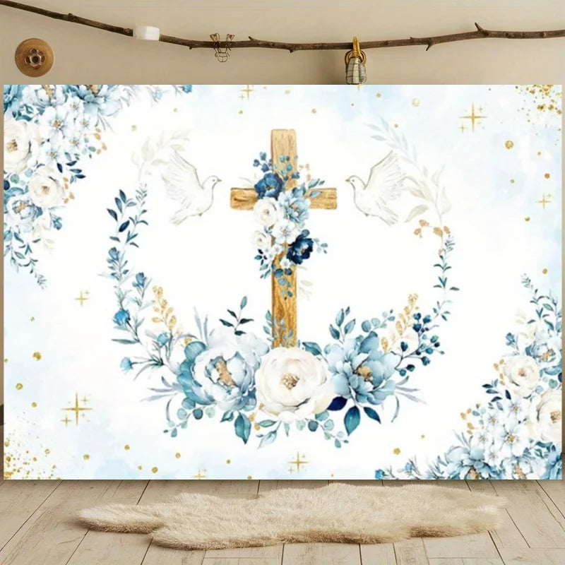 First Holy Communion Backdrop Flower Gold Cross Decor Boy Girl Baby Shower My Baptism Birthday Party Photography Background Prop