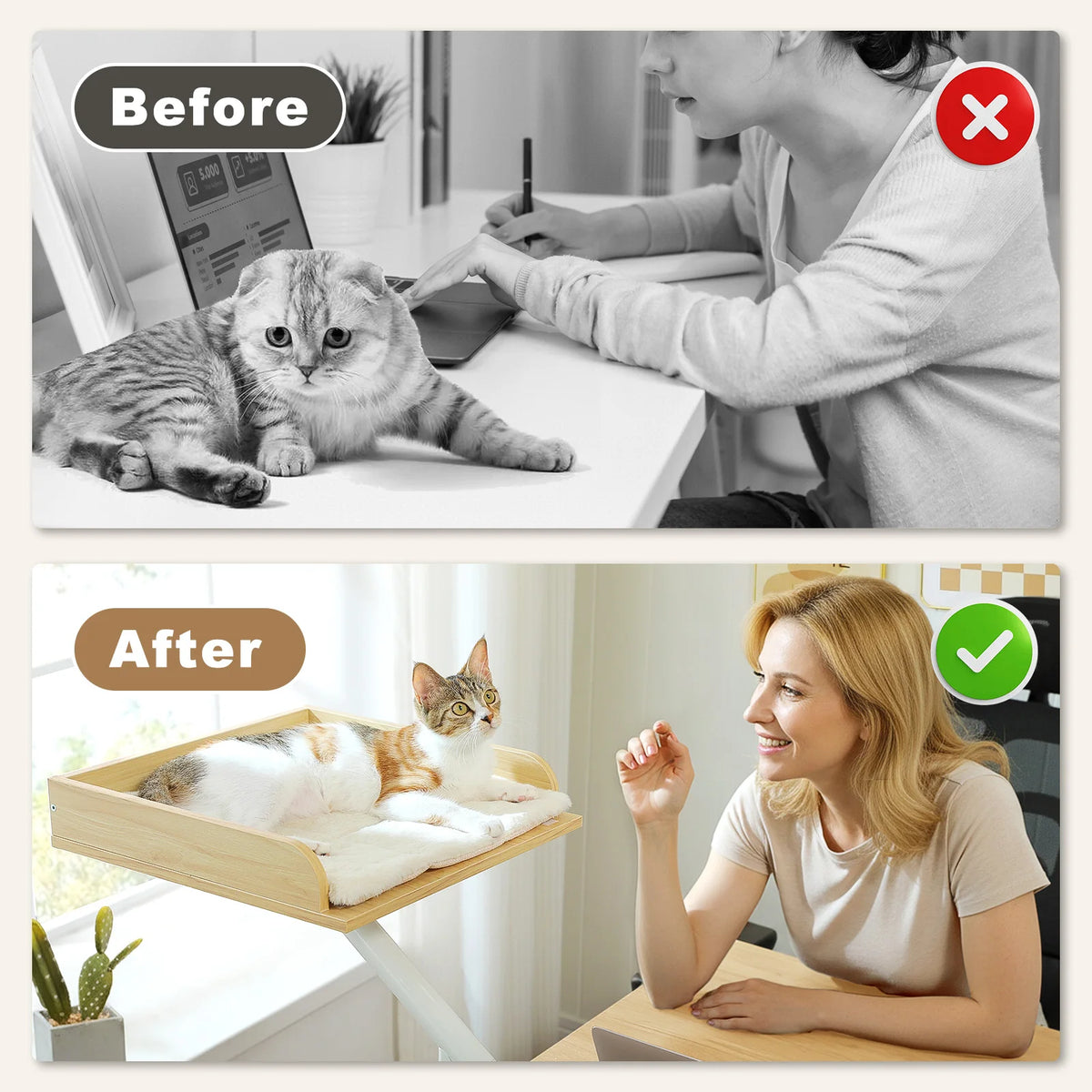 Soft I YAN cat desk bed on a table, 360° rotatable, adjustable hammock-style cat bed stand for indoor cats.