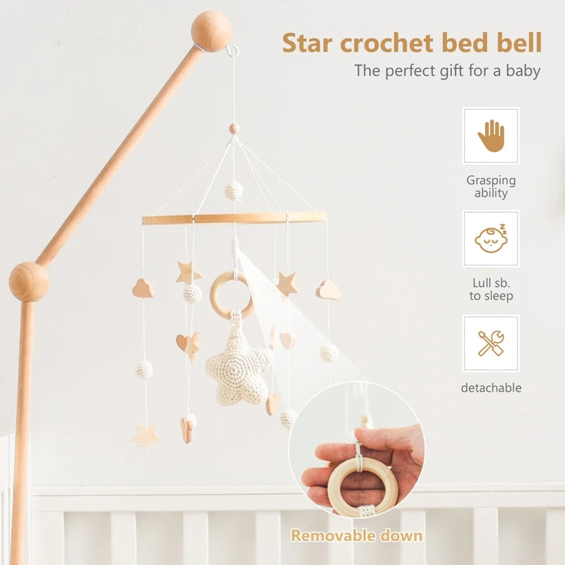 Crochet Stars Baby Crib Mobile – Wooden Bed Bell Hanging Toy for Newborns 0-12M - I YAN