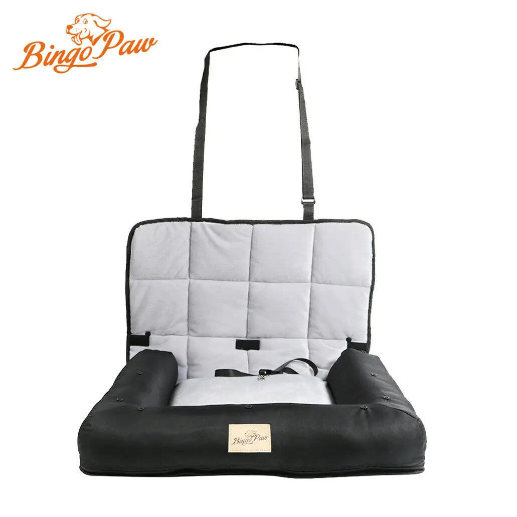 Waterproof I YAN dog car seat bed with removable pad cover, safety belt, available in 3 sizes for comfortable pet travel.