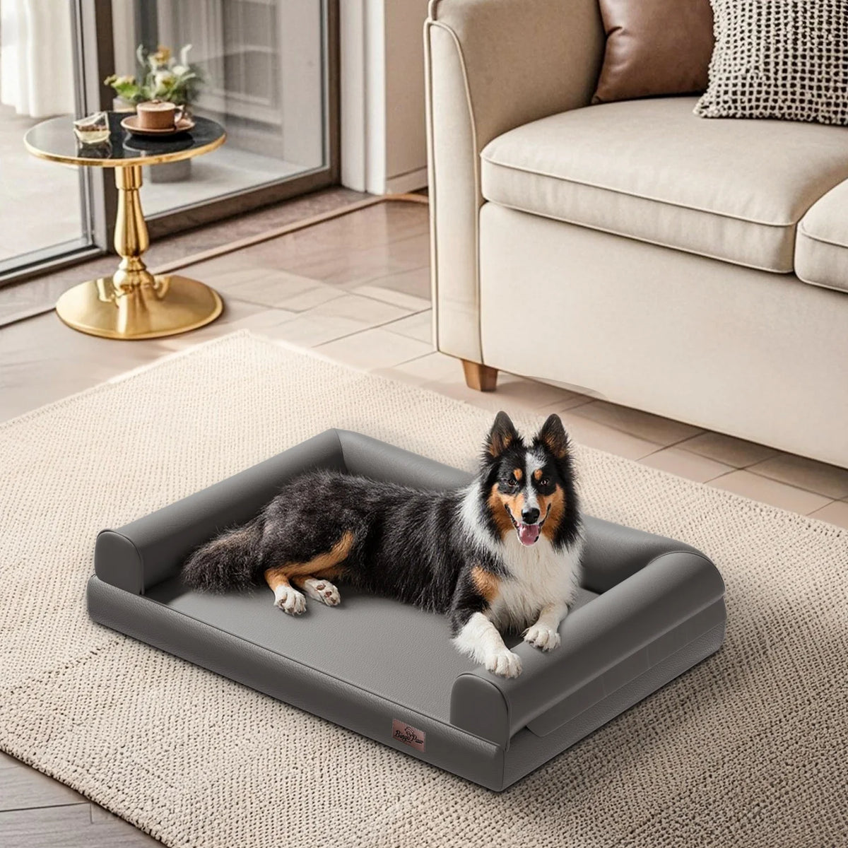 I YAN M-2XL indoor orthopedic dog bed with microfiber leather cover, supportive base, and bolster pillow for all breed sizes.