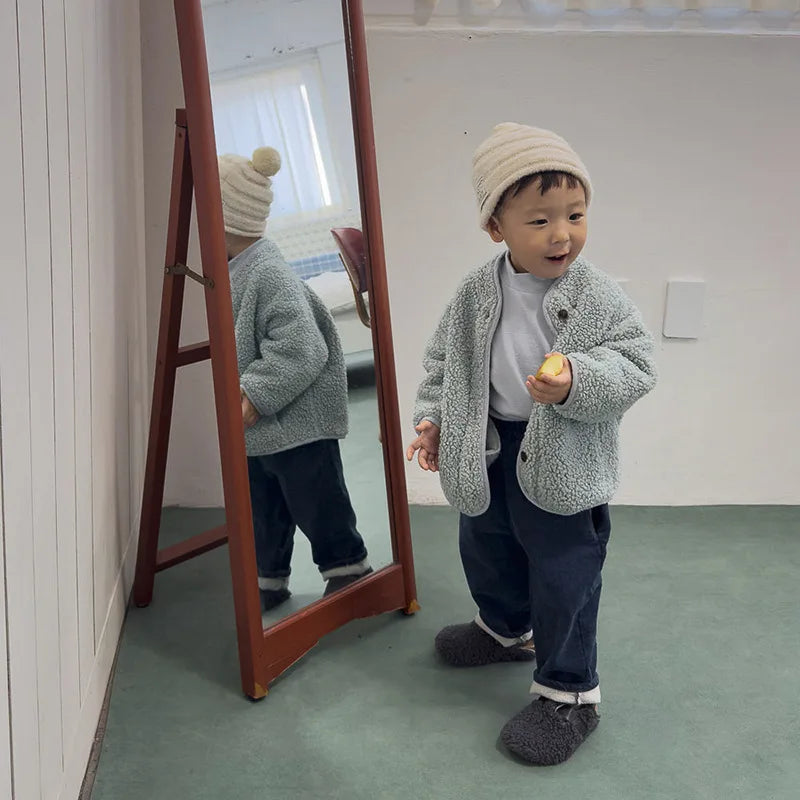 5125 Korean Children's Clothing 2024 Winter Boys and Girls Pure Color Lamb Wool Coat Plus Velvet Padded Jackets