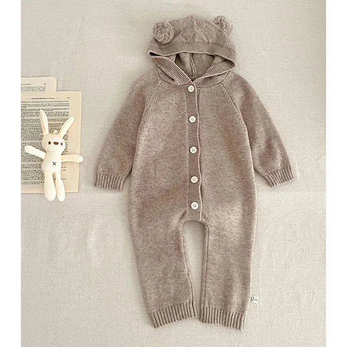 2026 New Spring 0-24M Toddler Baby Boys Girl Knitted Romper Long Sleeved Solid Color Hooded Infant Baby Knitted Jumpsuit