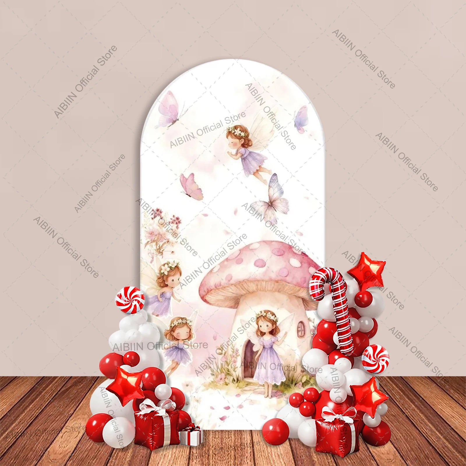 Fairy First Birthday Arch Backdrop Cover Mushroom House Door Butterfly Fairy Pink Floral Kids Cake Party Decor Background