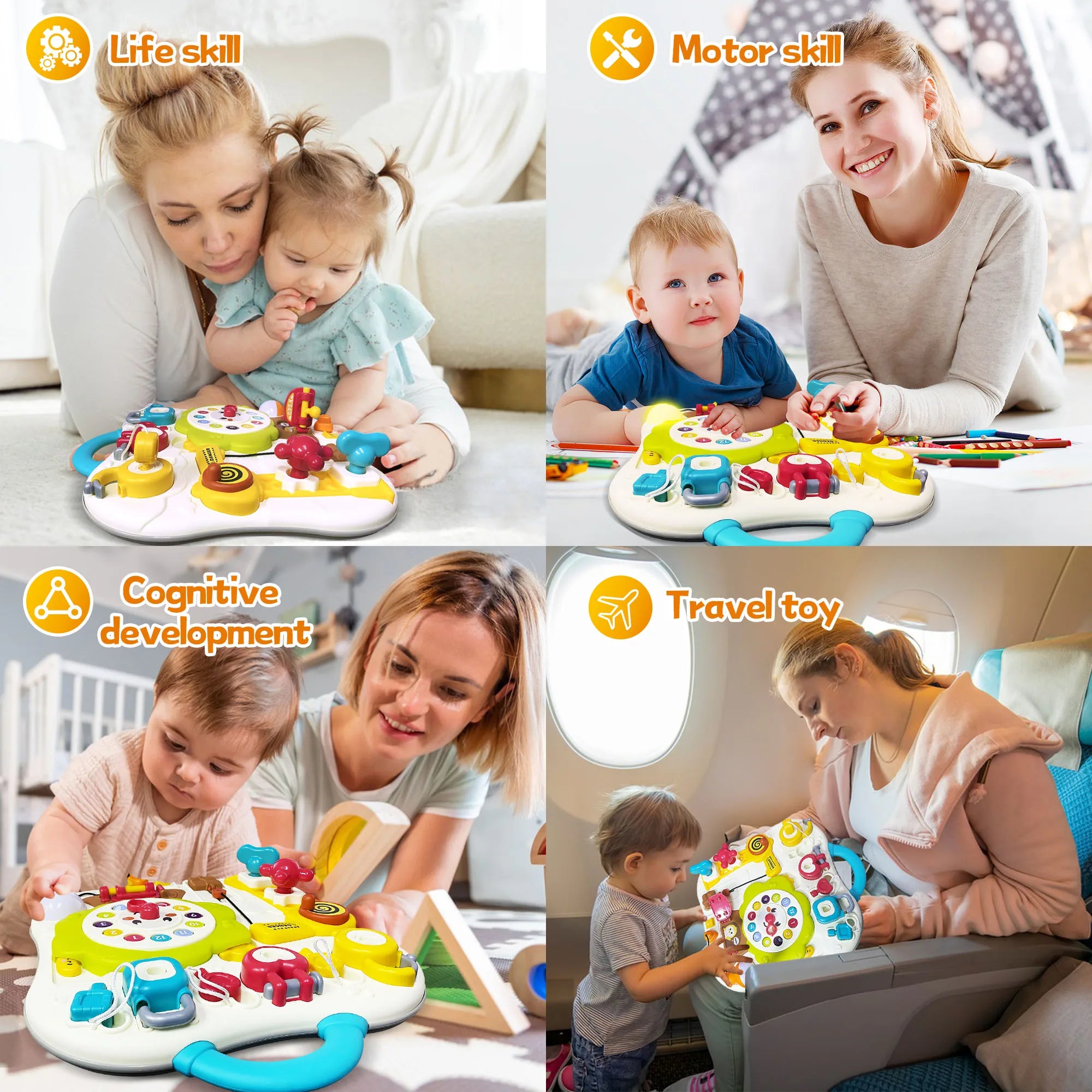 I YAN Montessori busy board sensory toy with music, LED lights, buttons, and activities for toddlers aged 1-3 years.