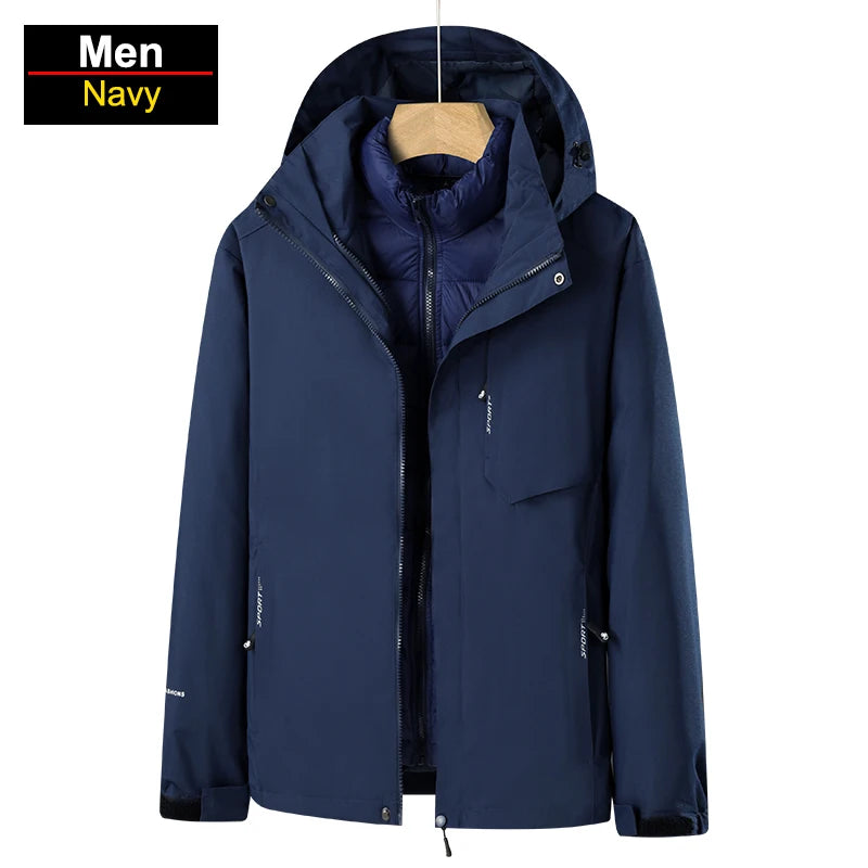 Men's 3 In 1 Thick Hiking Jacket Down Cotton Waterproof Winter Windbreaker Outdoor Warm Camping Jacket Windproof Coat
