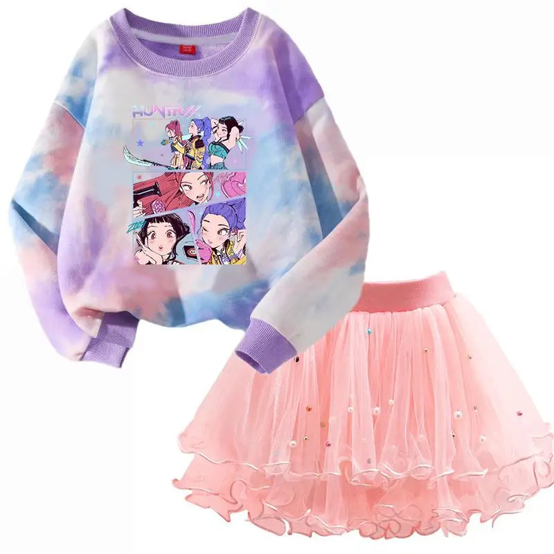 K-Pop Hunters Zoey Mira Rumi Children Sweaters Girls Tie-dye Sweatshirt Pink Pullovers Kids Tops Tulle Princess Dresses Suit
