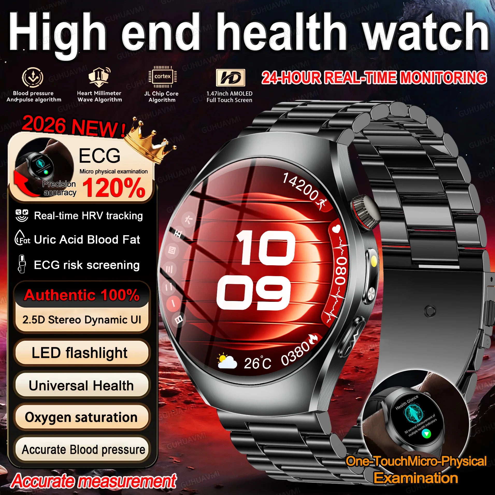 2026 New Nursing Grade Body Analysis Smart Watch  ECG Blood Lipid Uric Acid Body Fat Sport IP68 Voice Call SmartWatch Man Women