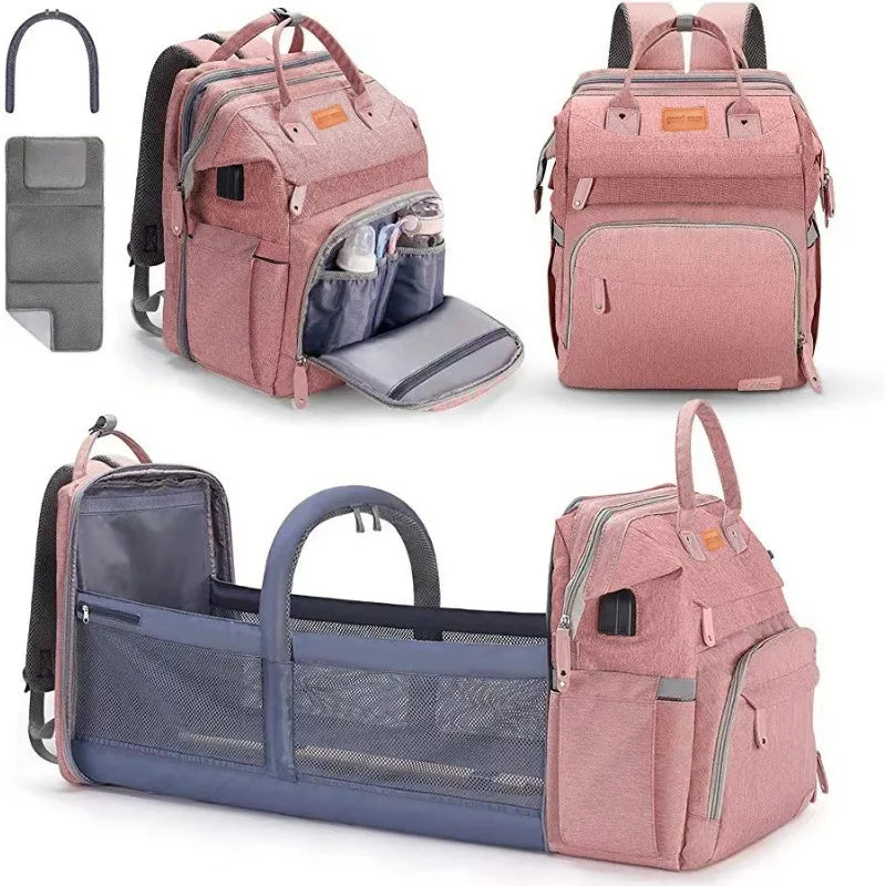 5In1 Diaper Bag Backpack Foldable Baby Bed Waterproof Bag with USB Charge Nappy Stroller Bag with Changing Bed 3Types for Travel
