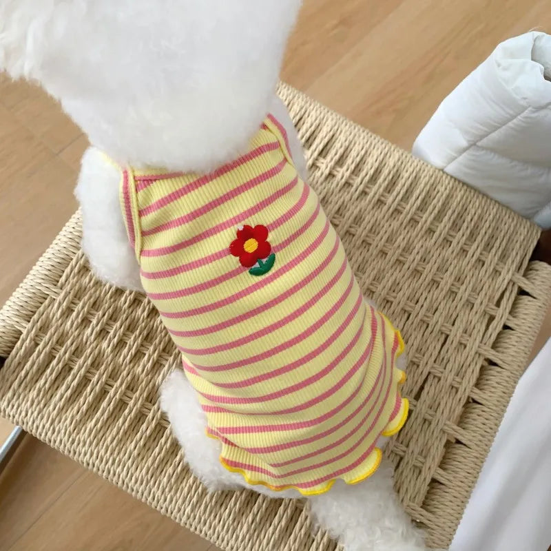Cute strawberry print cooling dog vest for summer, featuring floral design, suspenders, ideal for Chihuahua and Bichon pets.