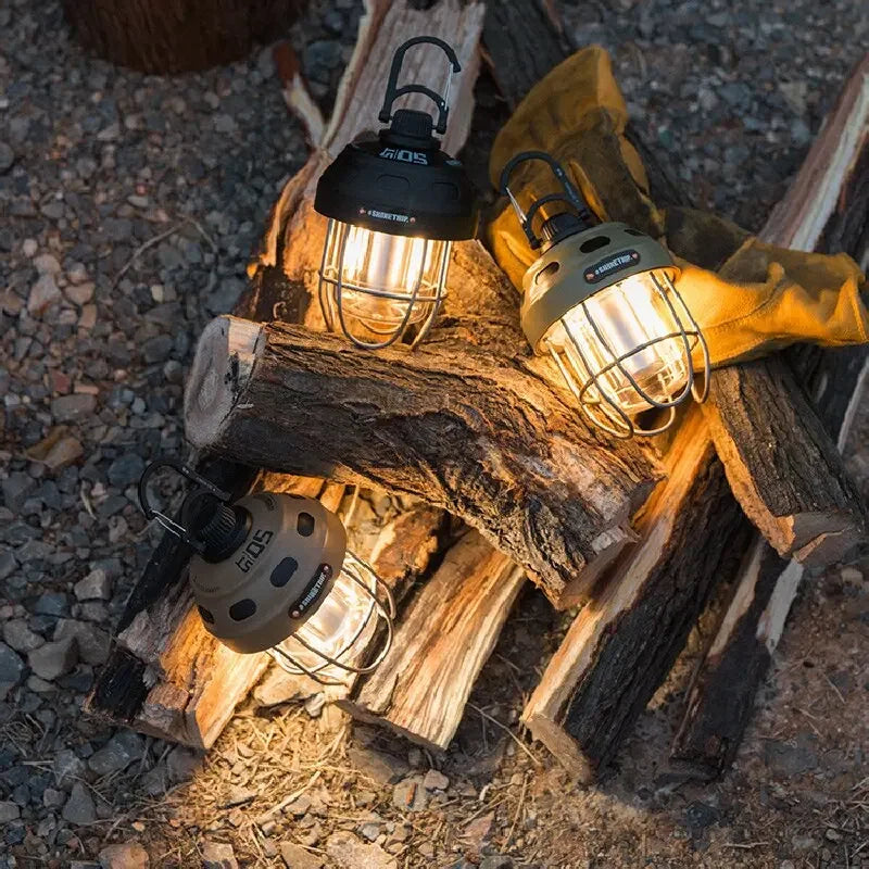 I YAN outdoor vintage pendant light and camping lantern with rechargeable battery, portable ambient light for tents and outdoor adventures.