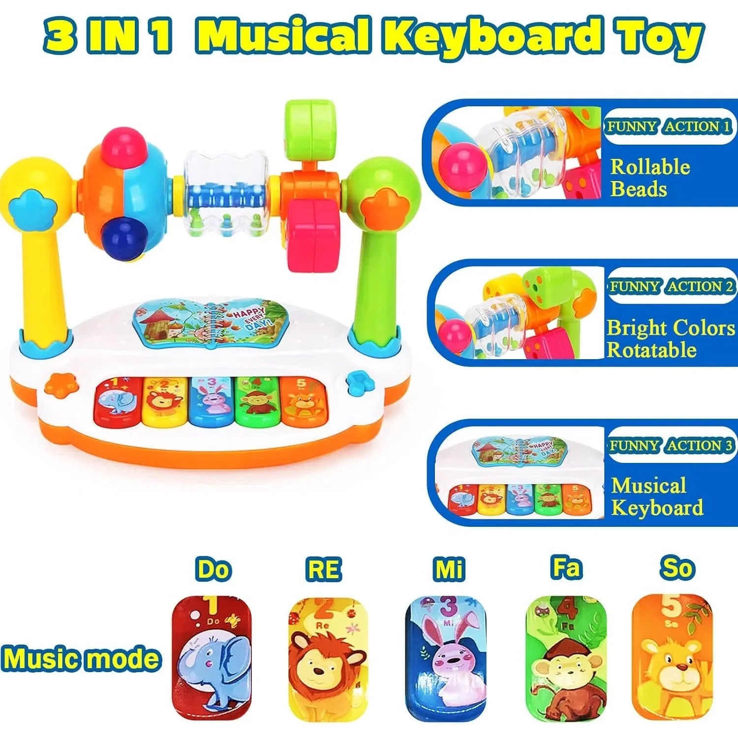 I YAN baby piano toy with rotating musical keyboard, colorful lights, and sound buttons for toddlers aged 4-6.