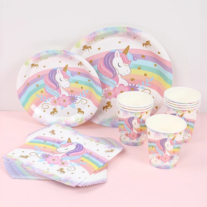 Unicorn Party Disposable Tableware Plates Napkin Rainbow Unicorn Birthday Party Decor Kids Birthday Party Supplies Baby Shower