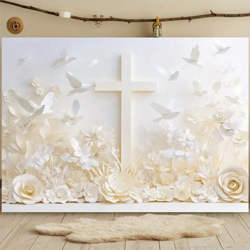 First Holy Communion Backdrop Flower Gold Cross Decor Boy Girl Baby Shower My Baptism Birthday Party Photography Background Prop