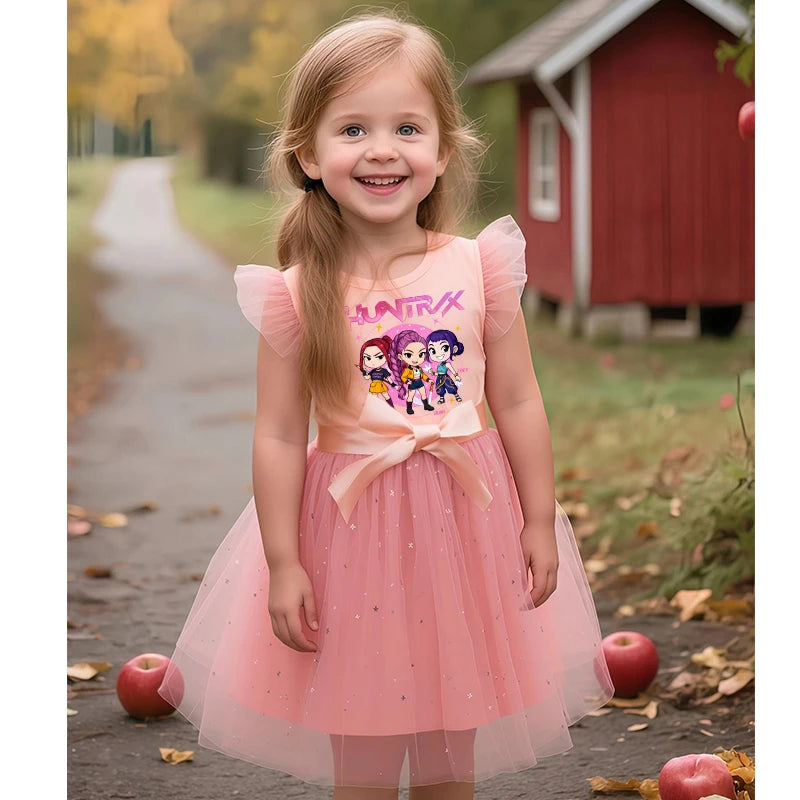 K-Pop Hunters Zoey Rumi Girls Sequin Tutu Dress with Bow Flutter Sleeves Summer Princess Party Outfit for Toddler Kids 2-6 Years
