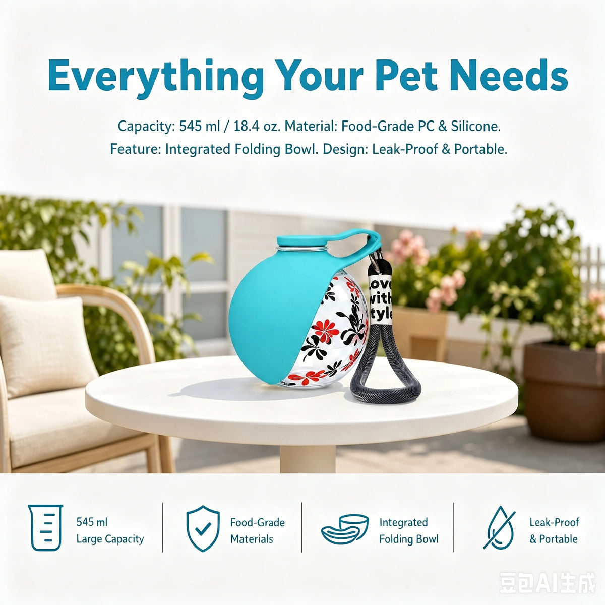 Portable I YAN pet water bottle with detachable bowl and wrist strap, leak-proof travel dispenser for pets on the go.