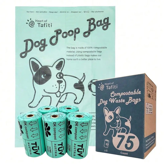 Pack of 75 compostable dog poop bags by I YAN, extra thick, leak-proof, unscented, 9x13 inches, suitable for cleaning up pet waste.