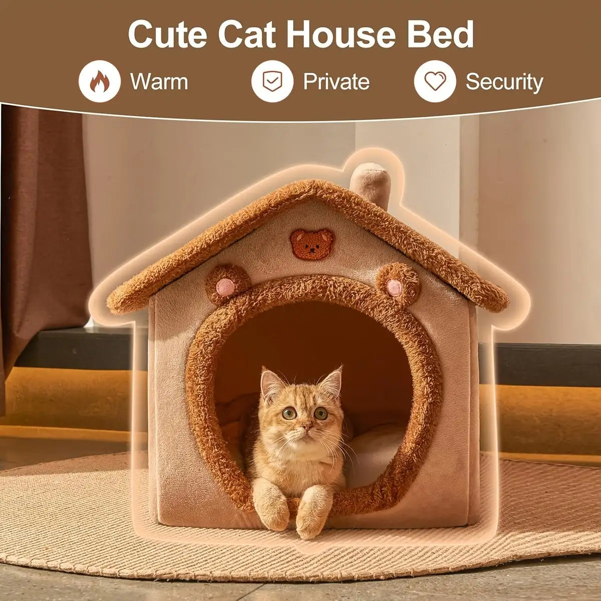 Large I YAN bear-shaped pet house bed with soft plush fabric, cozy enclosed cave tent for small dogs and cats in brown.
