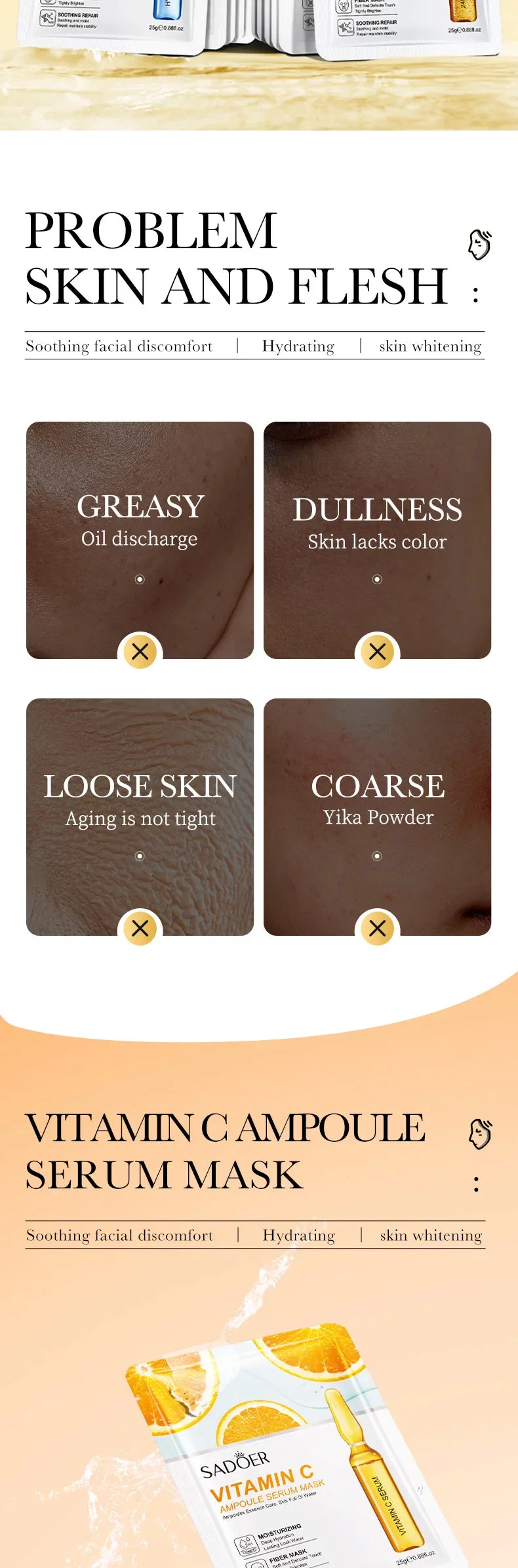 30/15pcs SADOER 24K Gold Vitamin C Hyaluronic Acid Facial Masks Face Moisturizing Firming Hydrating Face Mask Facial Skin Care