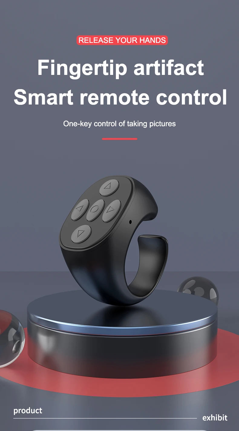 Wireless Bluetooth selfie remote control ring for Xiaomi and Apple phones, used for TikTok and mobile photo capture.