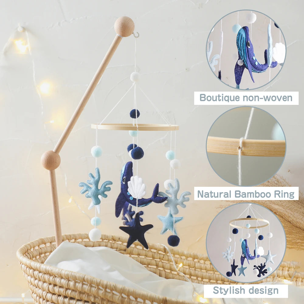 Blue Whale Baby Crib Mobile – Fabric & Bamboo Ring Nursery Decor for Newborns - I YAN