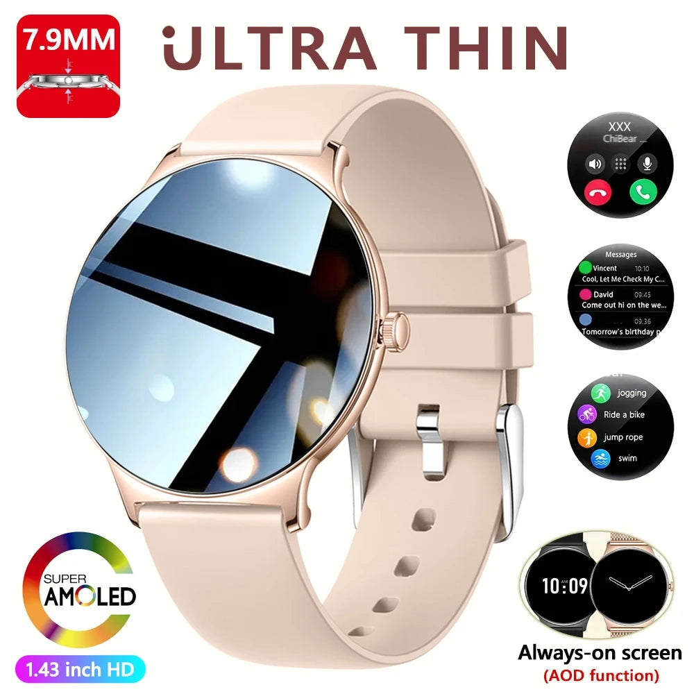 2026 New Ultra Slim AMOLED Smart Watch Women Screen Always Display Time Heart Rate BT Calling High-end Fashion Smartwatch
