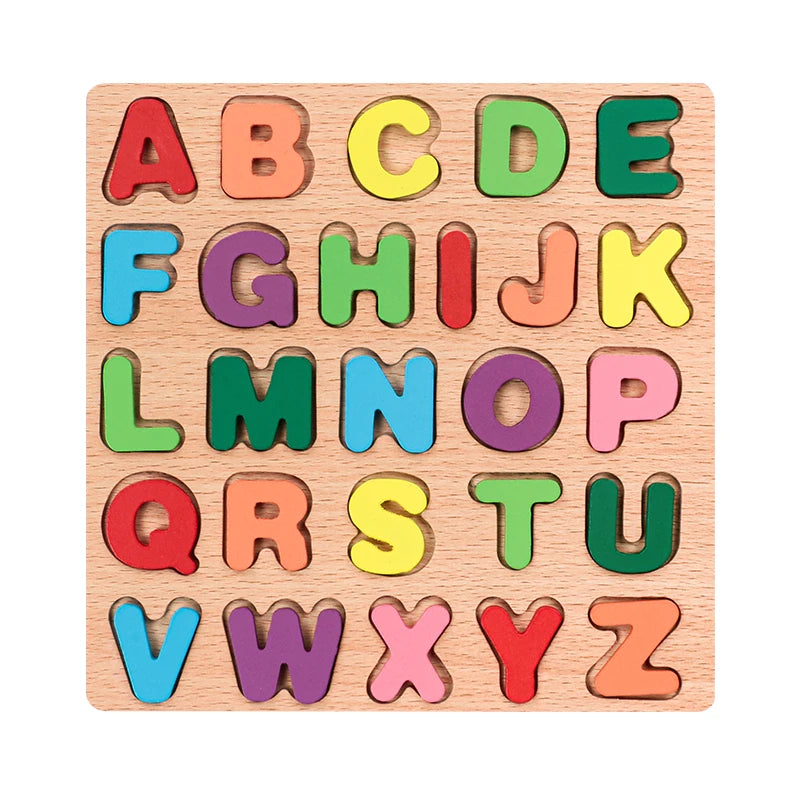 Wooden Montessori puzzle with colorful alphabet, numbers, geometric shapes for kids learning, by I YAN.