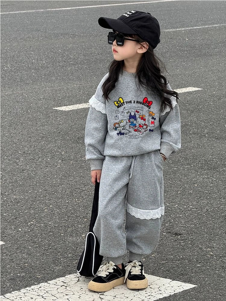 Girl Clothes Sets Autumn Kid HELLO KITTY Sweatshirts Pullover Lace Trim Top & Pants 2pcs Suit Children Sweet Tracksuits Outfits