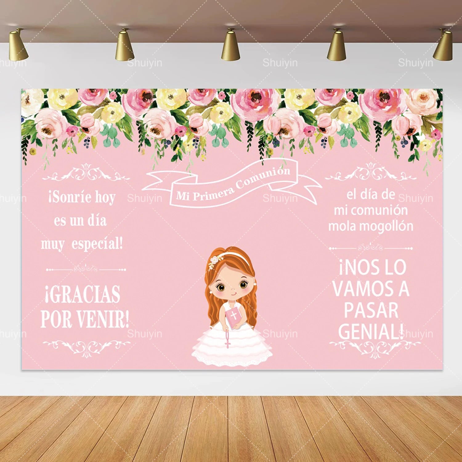 Boy Girl First Communion Backdrop Gold Cross Grail God Bless Baptism Party Decor Background Christening Baby Shower Photo Props