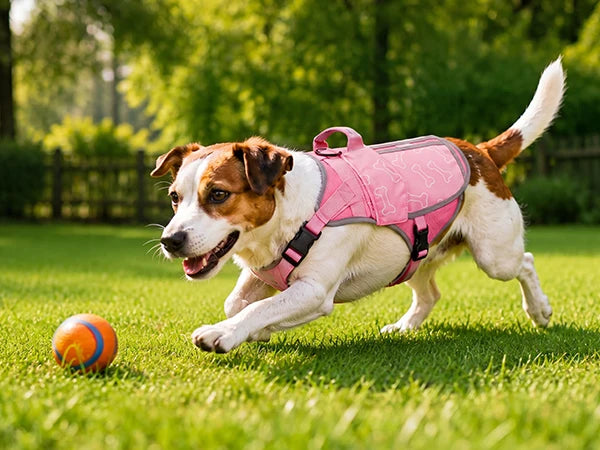 Pink I YAN dog cooling vest harness with four ice packs, designed to keep large dogs cool for over 180 minutes.