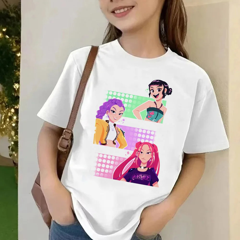 Movie KPop Demon Hunters T-shirt Summer Short Sleeve Tee for Children Casual Loose Girl Boy Graphic Printed Tops