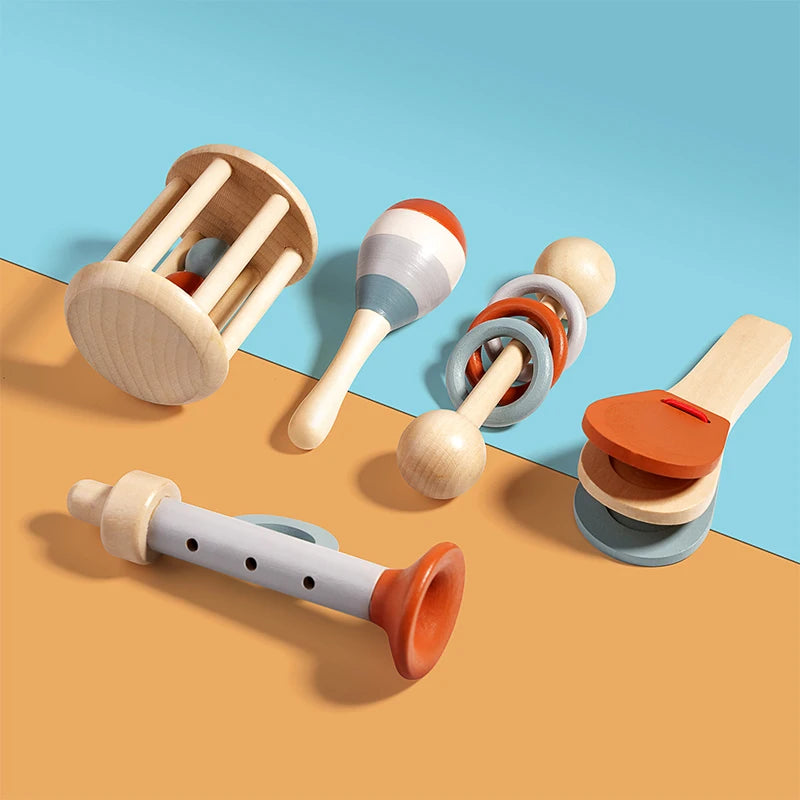 I YAN 5-piece baby musical instrument set with sensory rattles and percussion toys for early learning and developmental play.