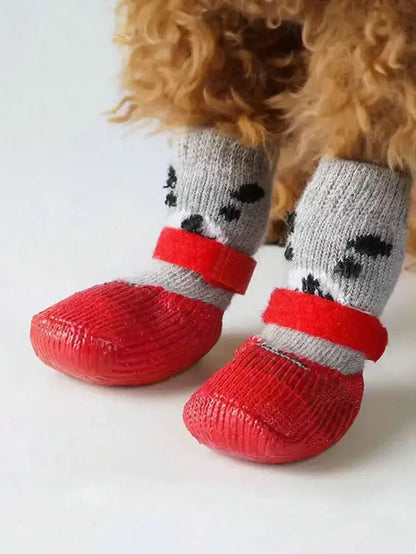 Waterproof non-slip pet socks by I YAN, four-pack, outdoor paw protectors for dogs and cats with textured soles for traction.