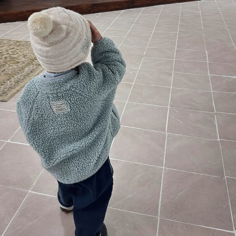 5125 Korean Children's Clothing 2024 Winter Boys and Girls Pure Color Lamb Wool Coat Plus Velvet Padded Jackets