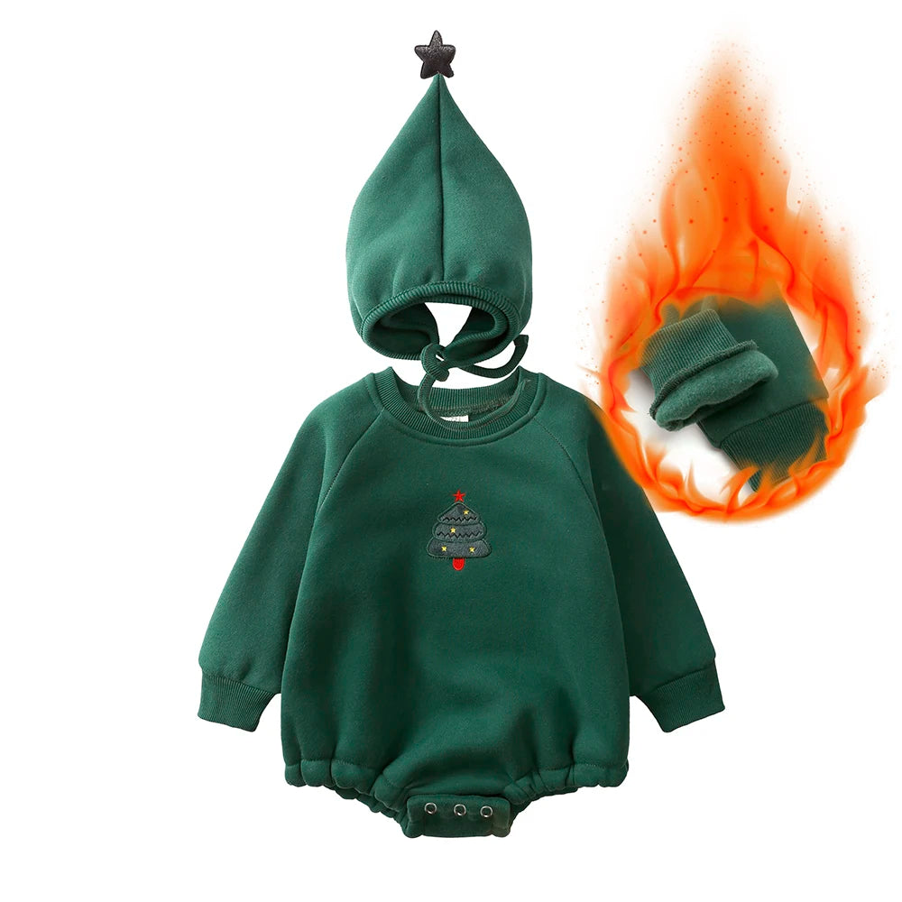 0-24M Christmas Baby Rompers Sets Infant Embroidery Cartoon Thicken Fleece Jumpsuit with Hat Long Sleeve Onesie Newborn Clothes