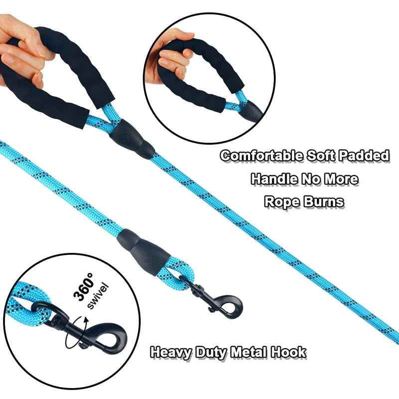 Reflective nylon pet leash with foam handle, adjustable for large, medium, and small dogs, suitable for outdoor walks and training.