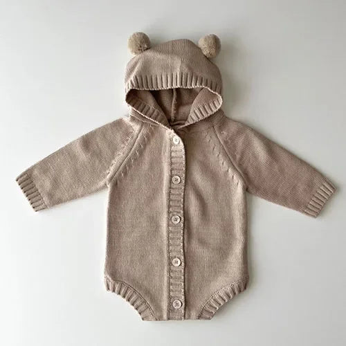 2026 New Spring 0-24M Toddler Baby Boys Girl Knitted Romper Long Sleeved Solid Color Hooded Infant Baby Knitted Jumpsuit