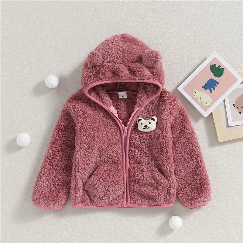 0-24months Unisex Baby Fuzzy Coat 3d Bear Hooded Jacket For Infant Girl And Boy Zipper  Spring Autumn Closure Fleece Outerwear