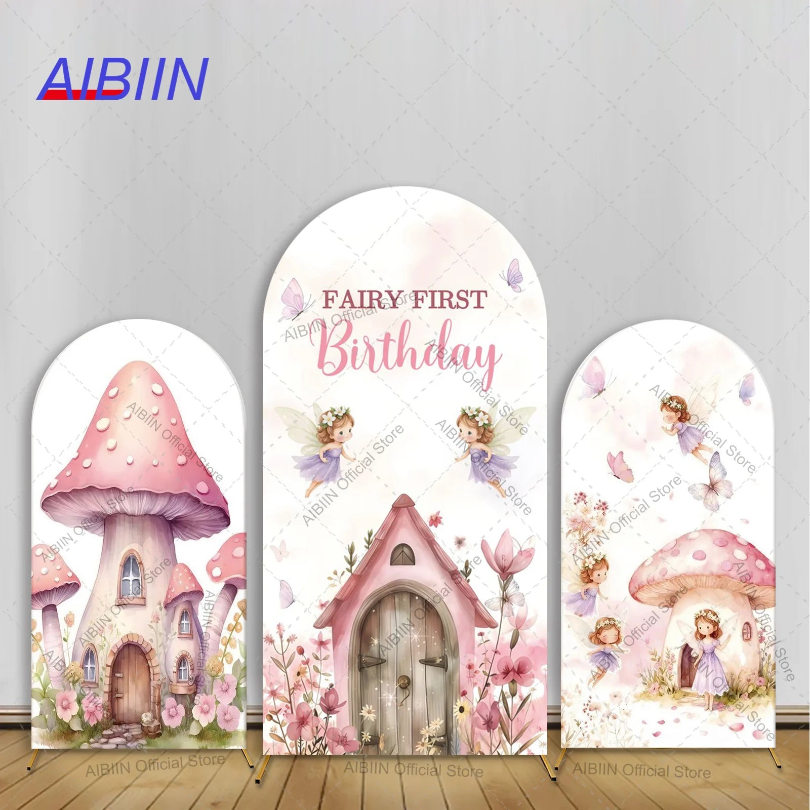 Fairy First Birthday Arch Backdrop Cover Mushroom House Door Butterfly Fairy Pink Floral Kids Cake Party Decor Background