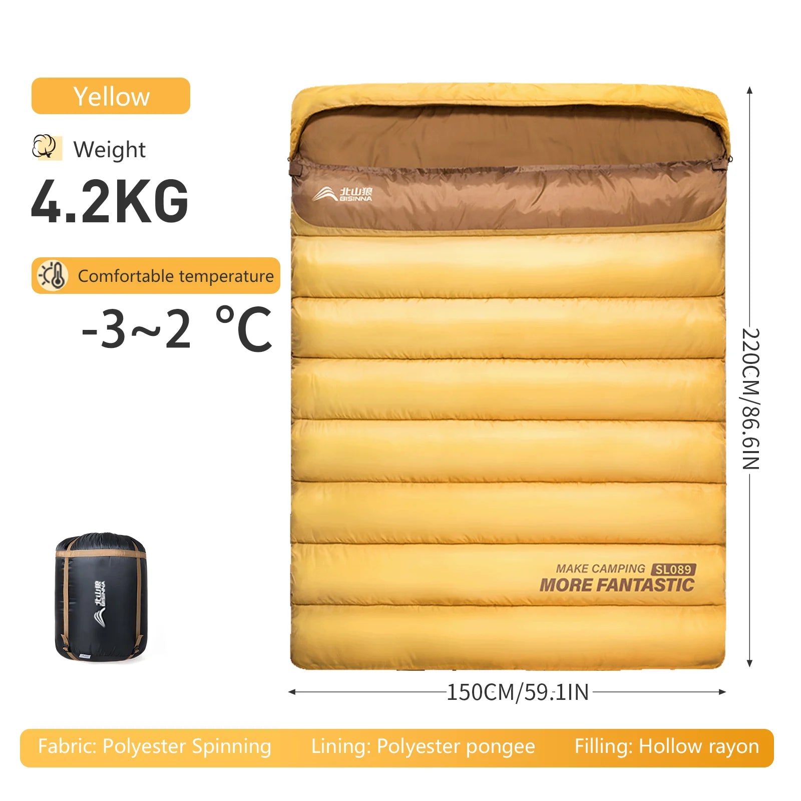 2 Person Camping Sleeping Bag Four Seasons Portable Winter Sleeping Bag for Outdoor Camp Travel Hiking