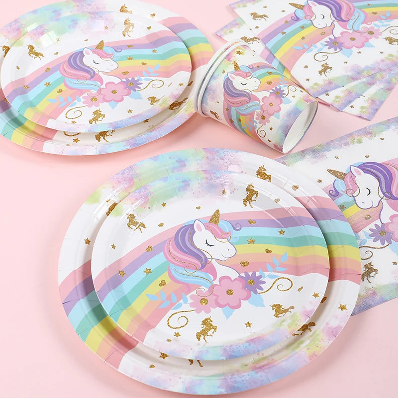 Unicorn Party Disposable Tableware Plates Napkin Rainbow Unicorn Birthday Party Decor Kids Birthday Party Supplies Baby Shower