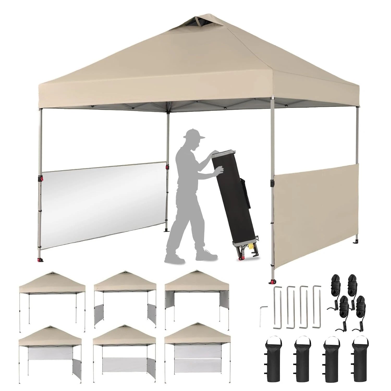 10x10 Pop up Canopy Tent Instant Canopy with 150D Silver Coated Fabric Including 2 Half Sidewalls, 4 Ropes, 8, Customized