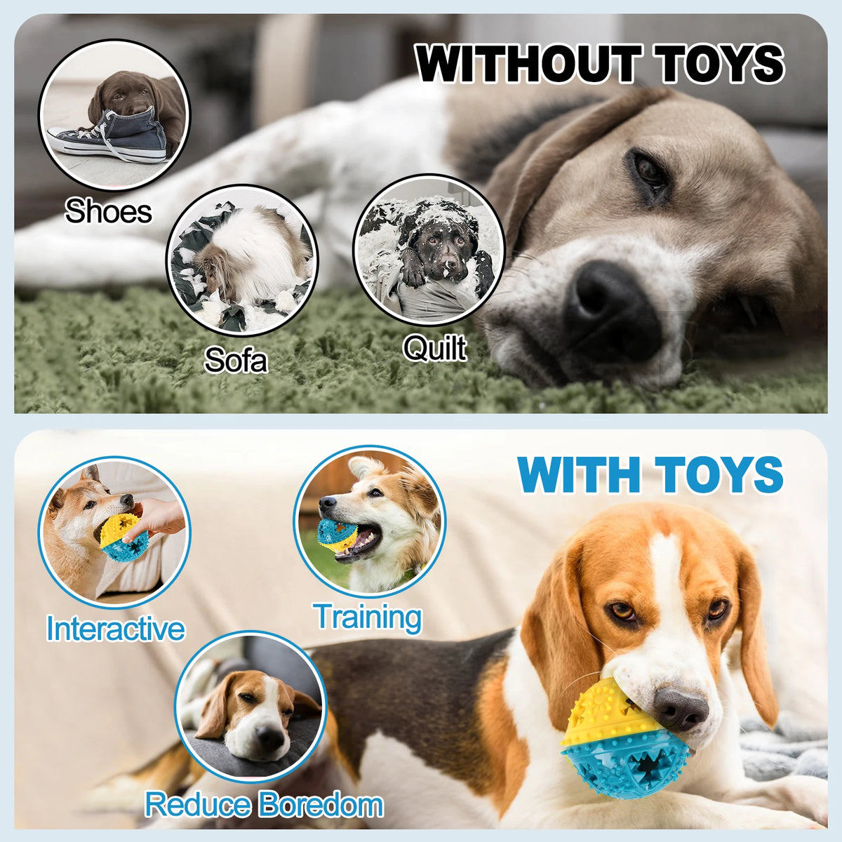 I YAN dog chew toy with leaking food balls, grinding teeth, sound ball, and interactive design for pet training and dental cleaning.