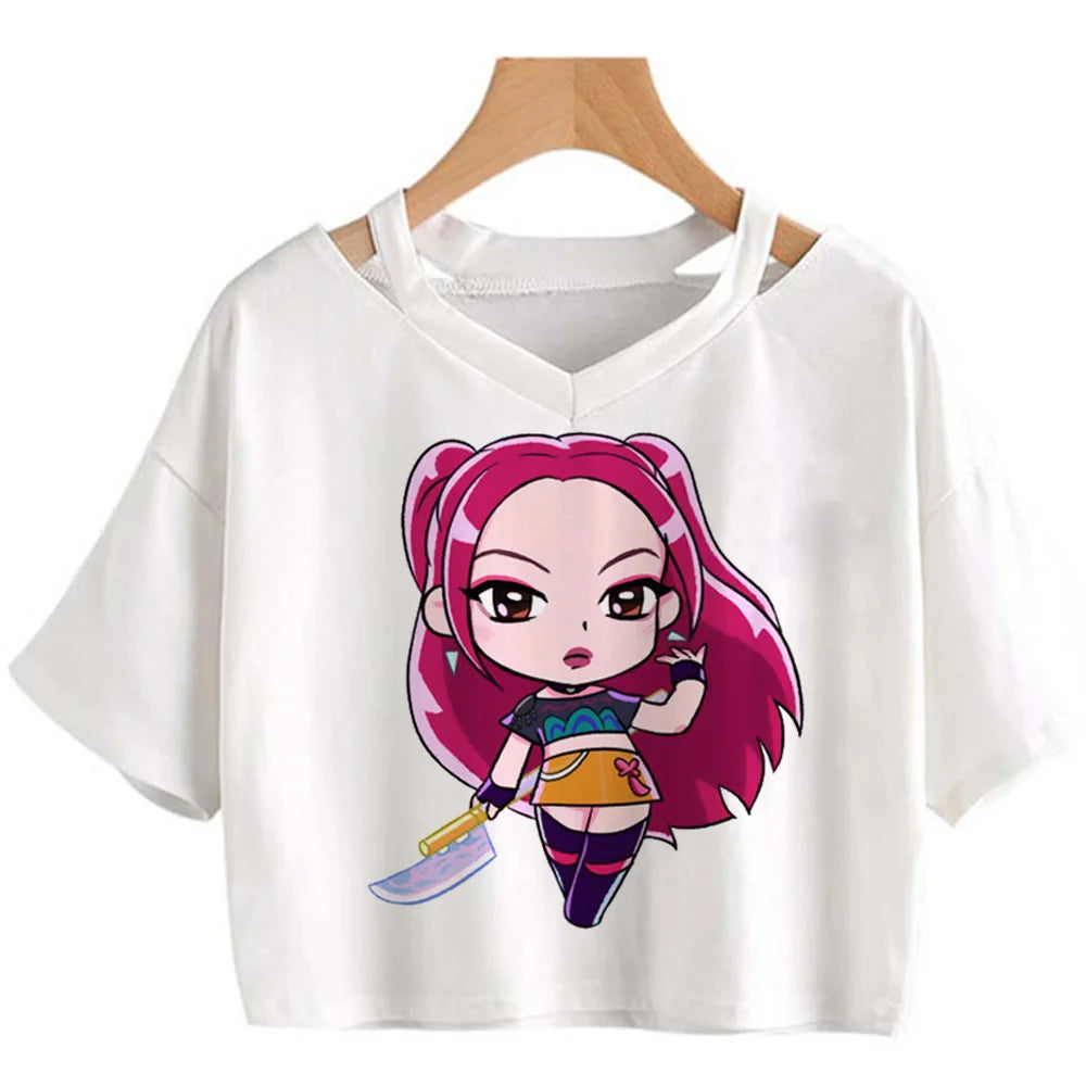 Kpop Demon Hunters Girls O-Neck Casual Women Summer Shirts Crop T-shirt