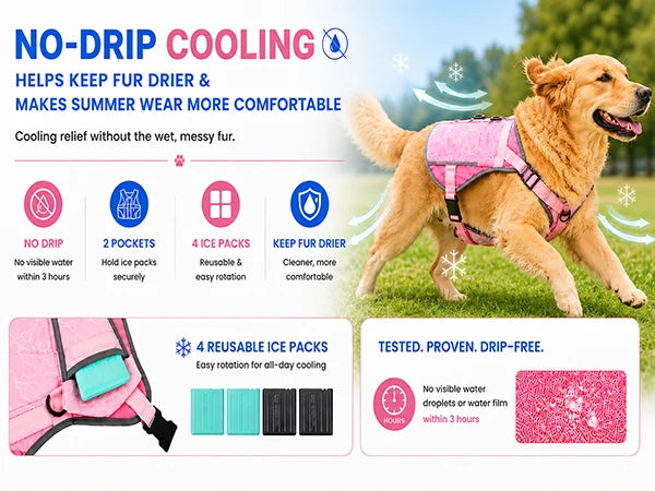 Pink I YAN dog cooling vest harness with four ice packs, designed for large dogs, providing over 180 minutes of cooling comfort.