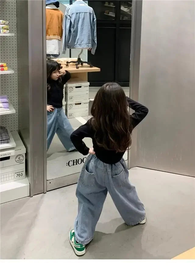 Autunm Clothes 1PCS Children's Denim Pants Girls' Baby Clothes Korean Bottoming Shirts Casual Jeans Girls Wide-leg Pants Tops