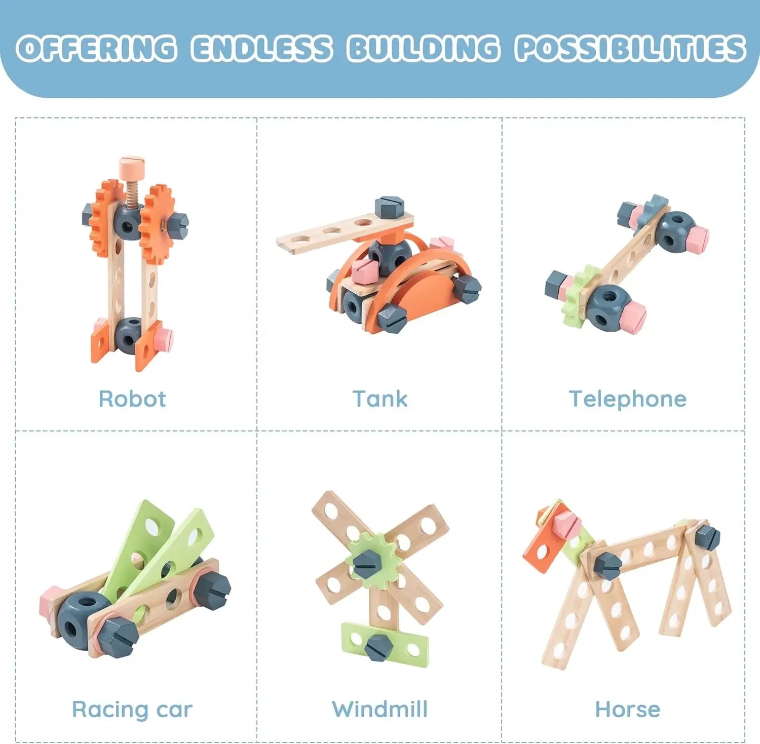 Robotime Robud kids wooden workbench toy set with tools, ideal for boys and girls aged 3 and up, featuring construction and workshop accessories.