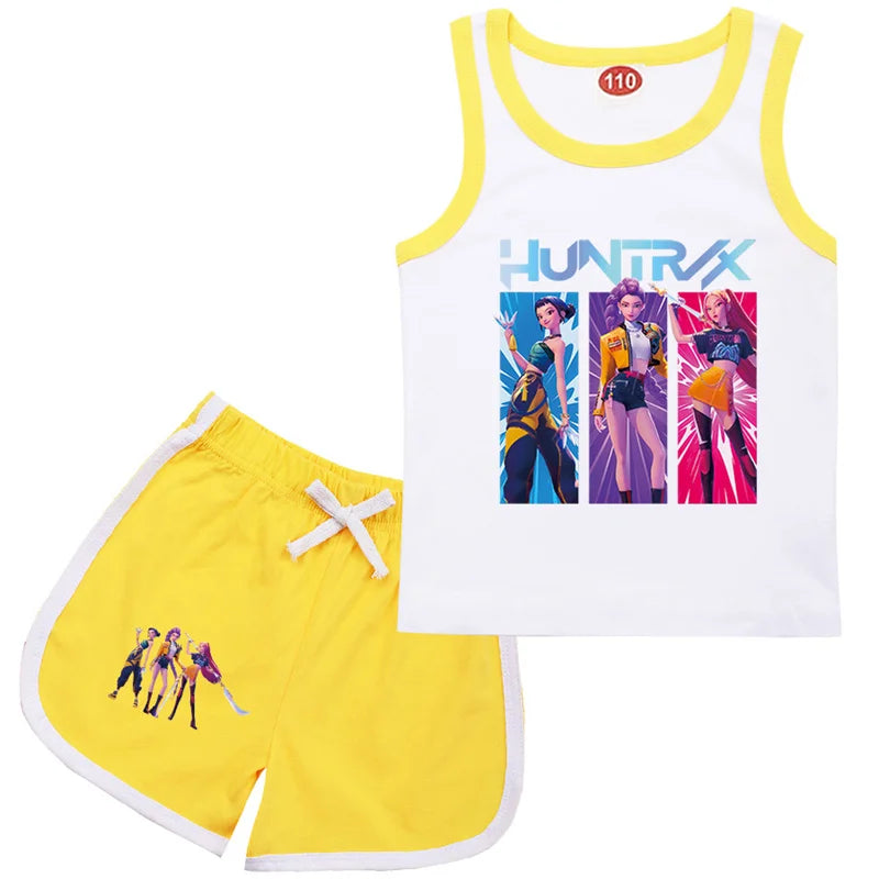 KPop Demon Hunters Rumi Teens Clothes Summer T shirt Baby Girls Sleeveless Vest Top Shorts 2pcs Set Children Clothing 1-13 Years