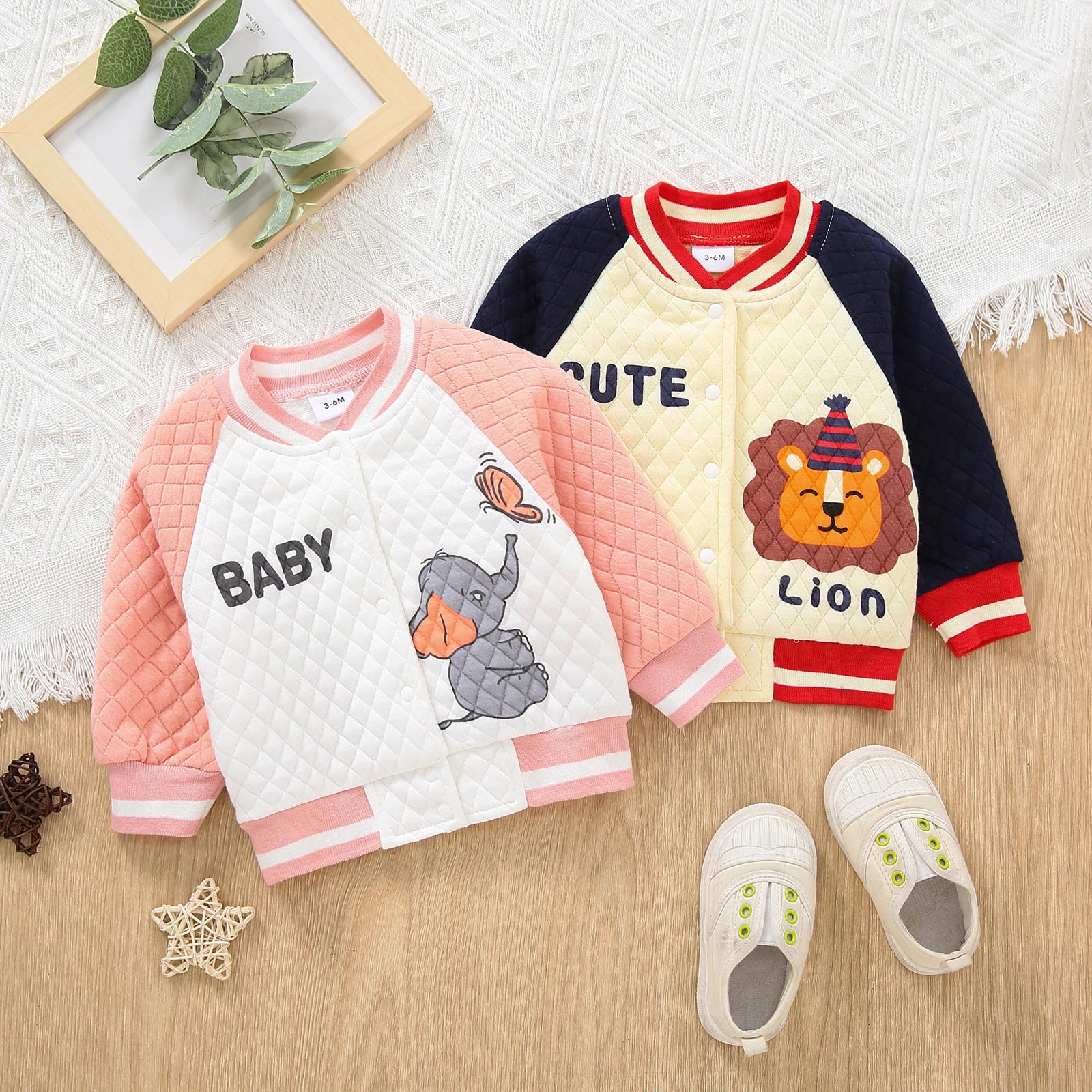 Unisex Baby Elephant (Lion) Print Baseball Jacket Autumn Winter Outerwear for Toddlers Boys Girls Soft Cotton Padded Coat